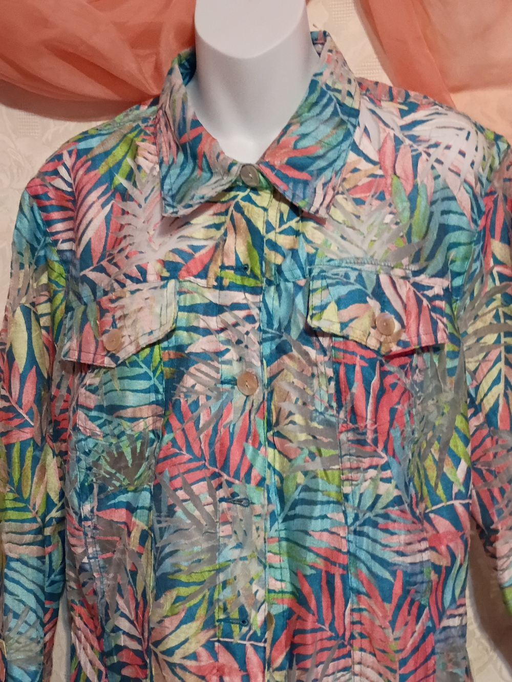 Ruby Rd. Multicolor Tropical Print/Sheer Button Down Shirt - Picture 2 of 8